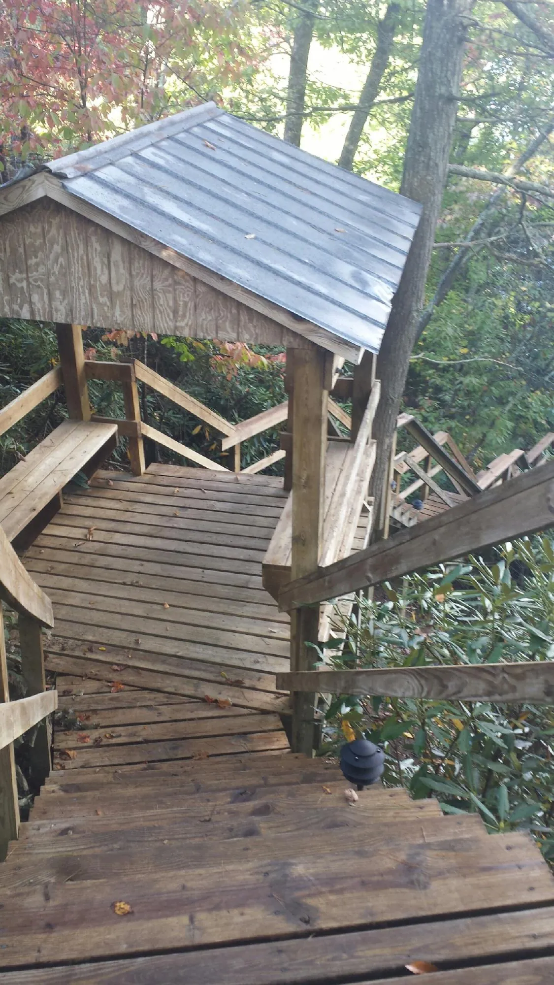 Metal roofed shelter over wooden steps on a wooded walkway — Skylight Repair & Installation work by our crew in Dows